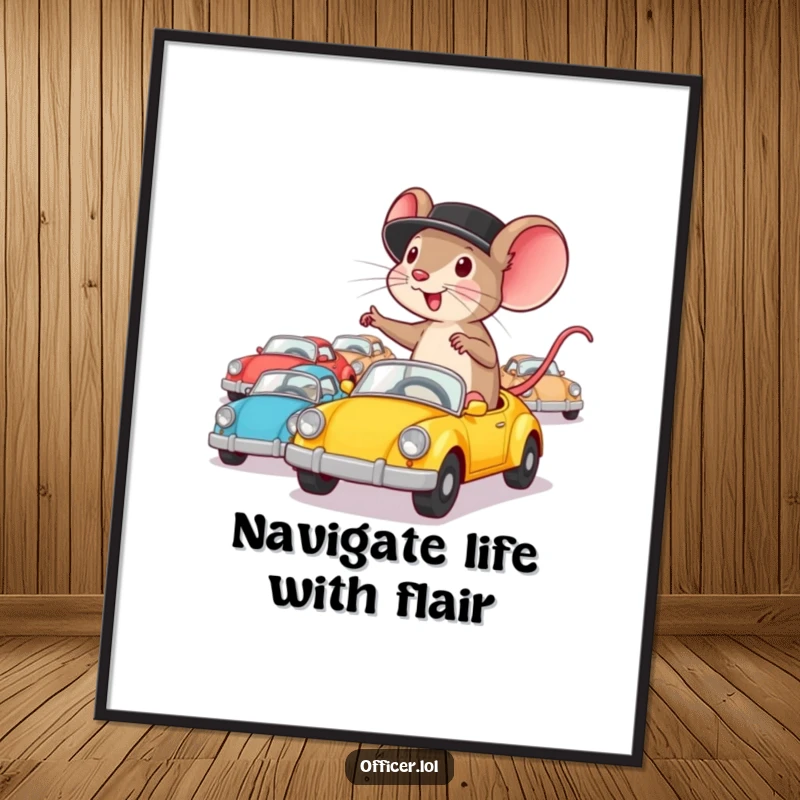 Funny Free Printable Wall Art: A determined mouse wearing a hat enthusiastically directs a line of tiny cars with focus.