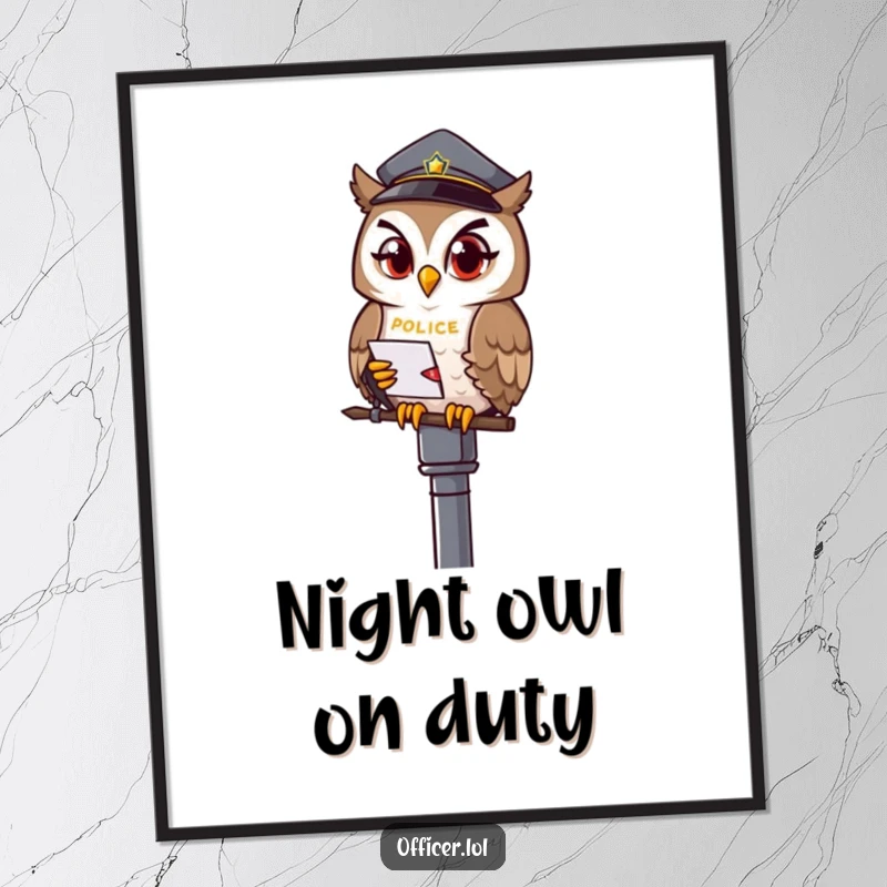 Funny Free Printable Wall Art of a winking owl officer perched on a lamppost, notepad in talon.