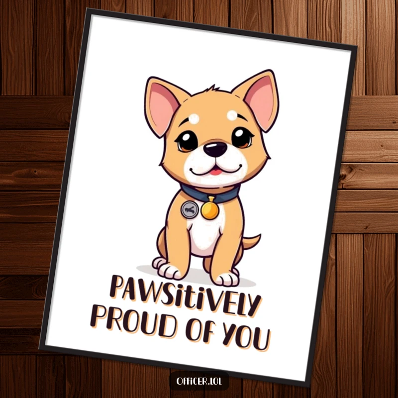 Funny Free Printable Puppy Wall Art, determined puppy wearing tiny badge, proud stance, cute home decor, downloadable.
