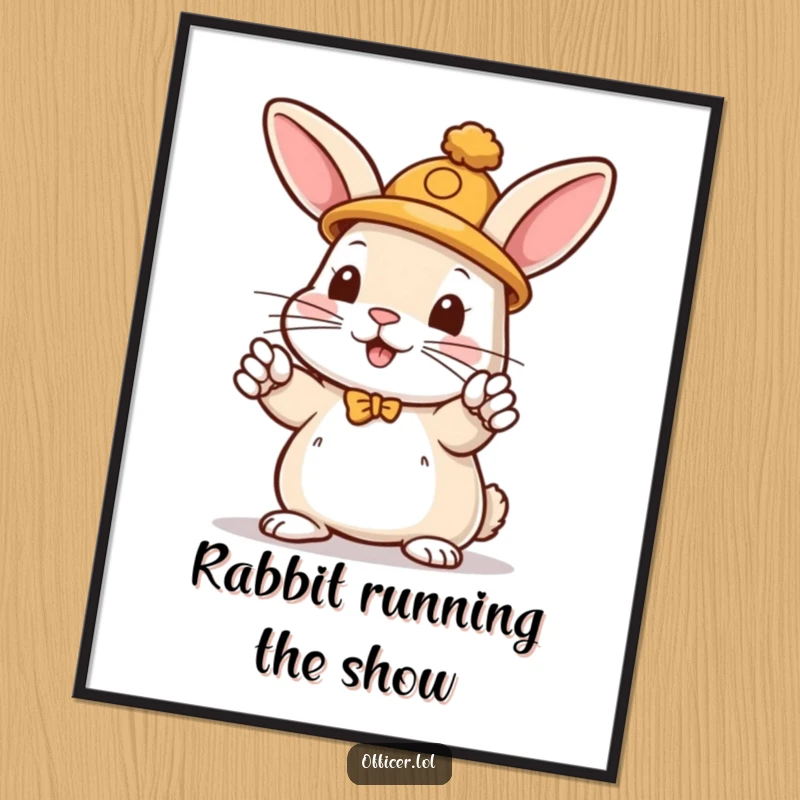 Funny Free Printable Wall Art of a playful rabbit in a small hat enthusiastically directing traffic with its paws.