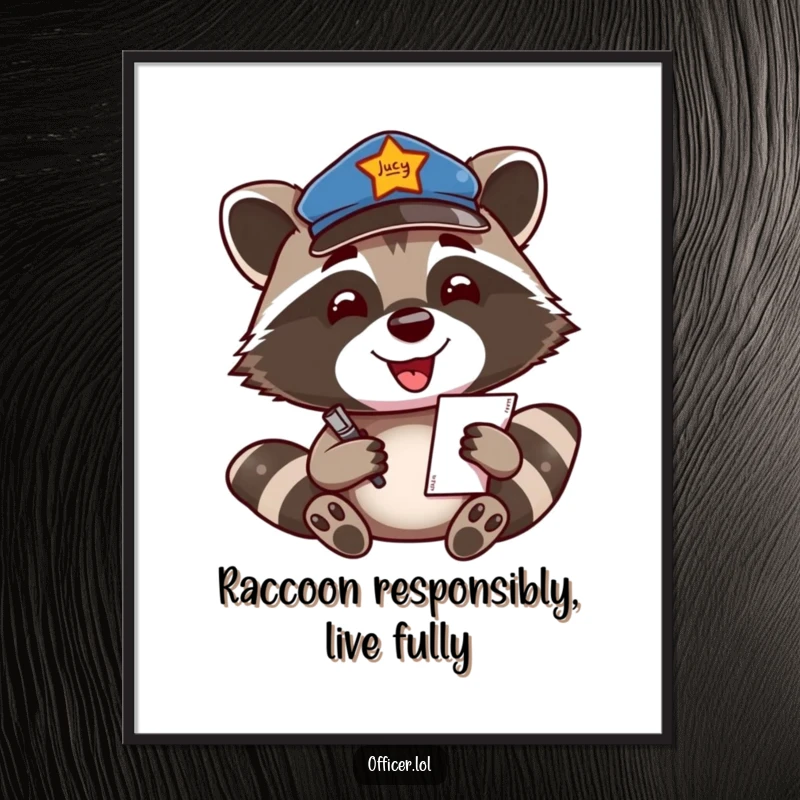 Funny Free Printable Wall Art of a smiling raccoon officer writing a ticket with enthusiasm, perfect for adding humorous character.