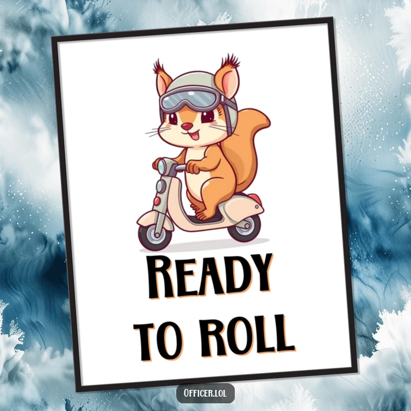 Funny Free Printable Wall Art of a determined squirrel wearing a helmet and goggles on a miniature scooter.