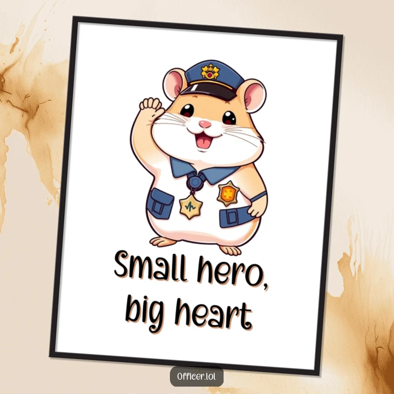 Funny Free Printable Wall Art of a happy hamster officer in uniform, proudly saluting with a paw.