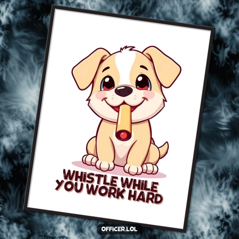 Funny Free Printable Wall Art: A cheerful puppy with an excited grin blows a whistle, radiating pure joy and playful energy.