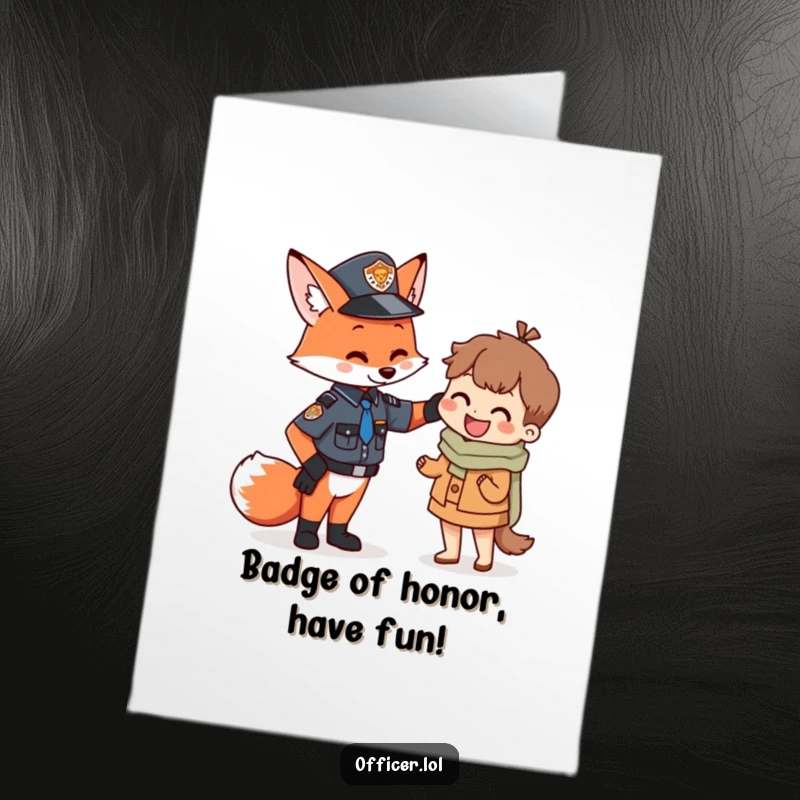 Funny Free Printable Birthday Card: Fox officer giving a tiny citizen a friendly pat, celebrating with humor.