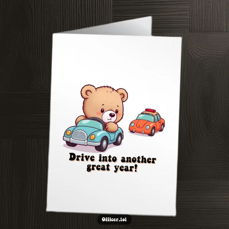Funny free printable birthday card with a gentle bear cub carefully directing a line of tiny toy cars with a determined expression.