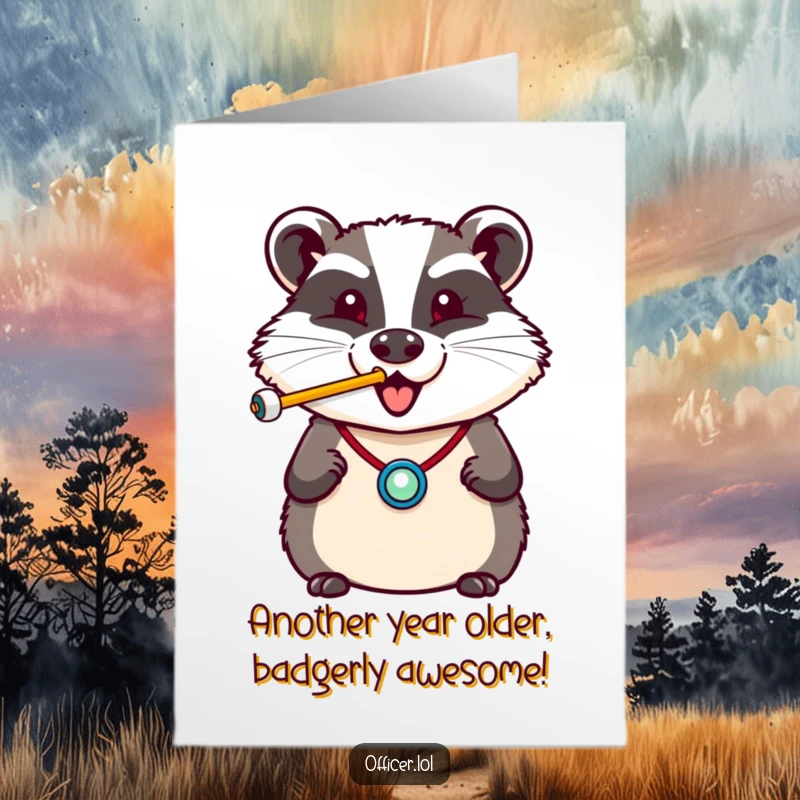 Funny Free Printable Birthday Card featuring a cheerful badger in a tiny badge blowing a whistle with a happy puff.