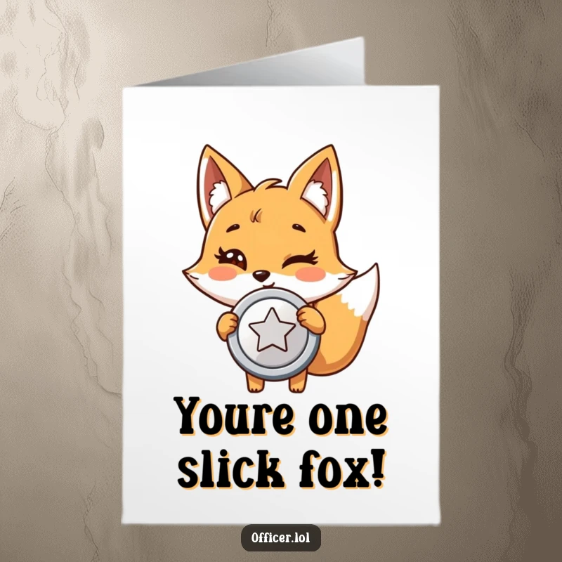 Funny Free Printable Birthday Card: A giggling fox proudly holds a shiny badge, winking for a birthday wish.