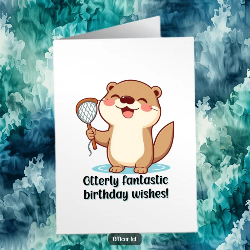 Funny Free Printable Birthday Card featuring a delighted otter holding a net triumphantly, celebrating a successful catch and a happy birthday.