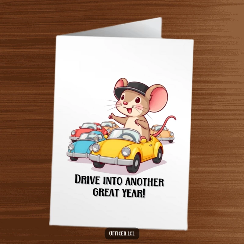 Funny Free Printable Birthday Card: Determined mouse wearing a hat enthusiastically directs tiny toy cars with a focused expression.