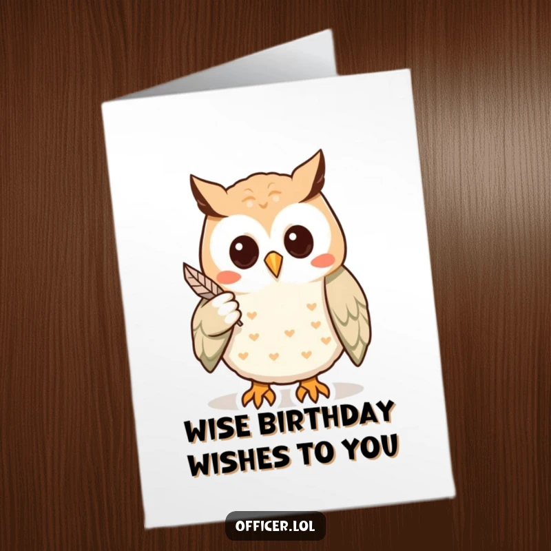Funny Free Printable Birthday Card: Wise owl pointing with a feather to a birthday clue, a mysterious greeting.