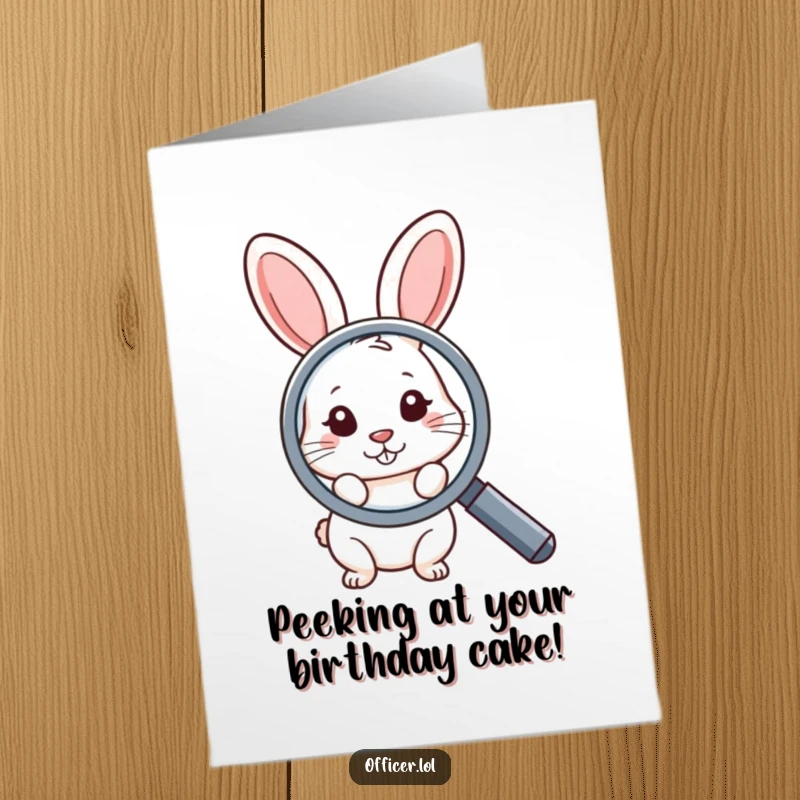 Funny Free Printable Birthday Card of a shy rabbit curiously peeking from behind a large magnifying glass.