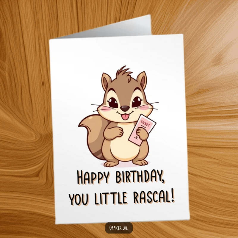 Funny Free Printable Birthday Card: Mischievous squirrel issuing a parking ticket, a hilariously official birthday greeting.