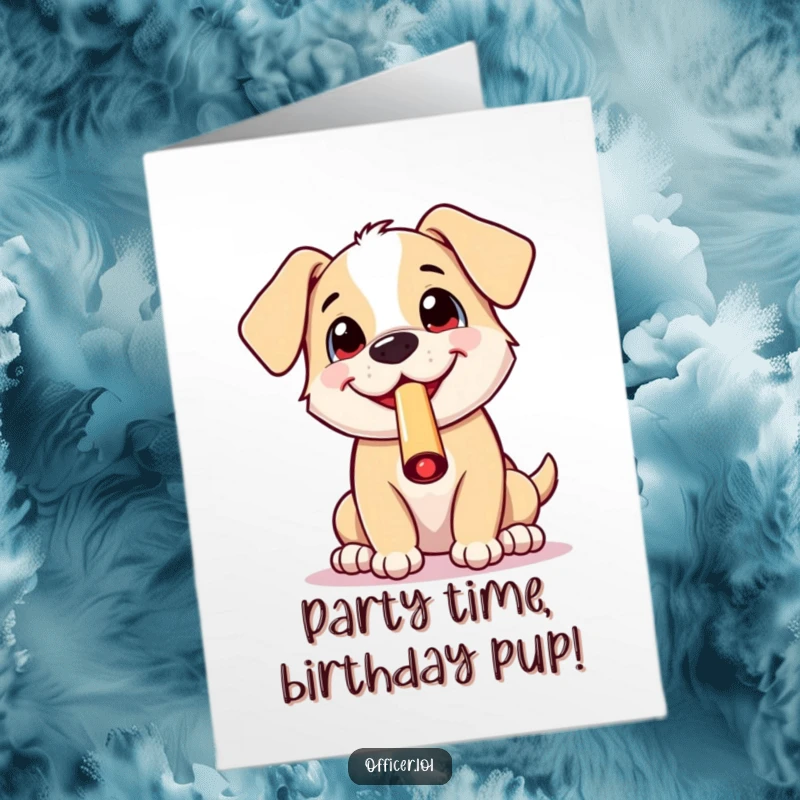 Funny Free Printable Birthday Card: A cheerful puppy excitedly blows a whistle with a huge grin, signaling a fantastic birthday party time.