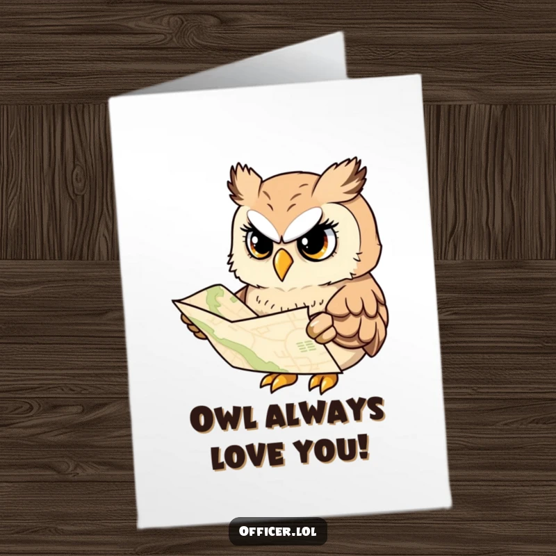 Funny Free Printable Birthday Card: An owl with a map looks serious but happy, ready for birthday adventures.