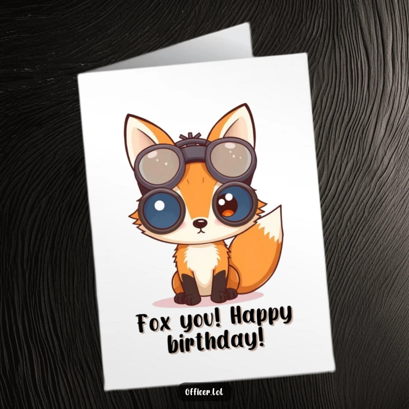 Funny Free Printable Birthday Card featuring a curious fox intently peering through large binoculars.