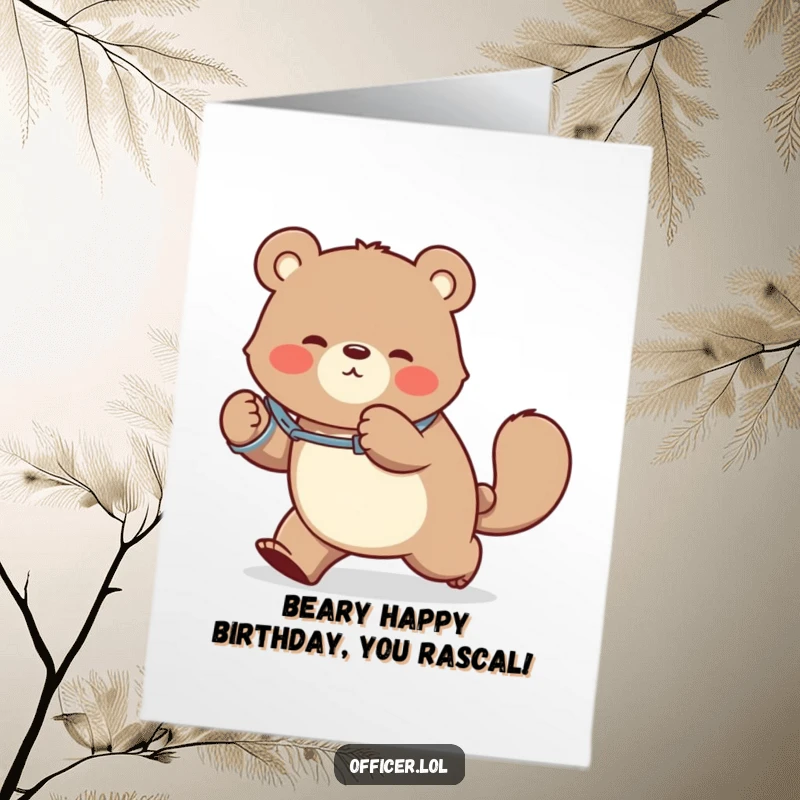 Funny free printable birthday card showing a playful bear in handcuffs chasing its own tail, captured in a moment of delightful confusion.