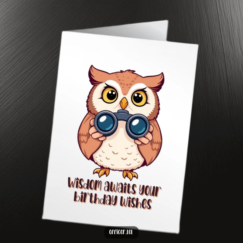 Funny Free Printable Owl Birthday Card, curious owl peeking through binoculars, alert expression, printable greeting.