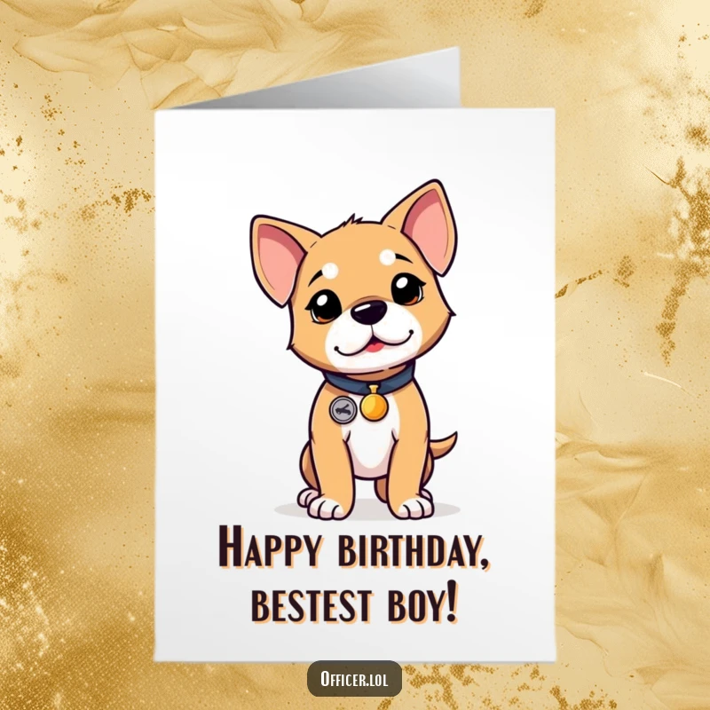 Funny Free Printable Puppy Birthday Card, determined puppy with tiny badge, proud stance, celebrating birthday, downloadable.
