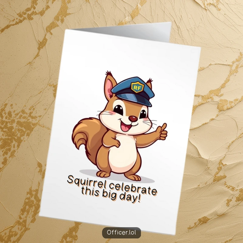 Funny Free Printable Birthday Card: Happy squirrel in a tiny police hat directing traffic with gusto