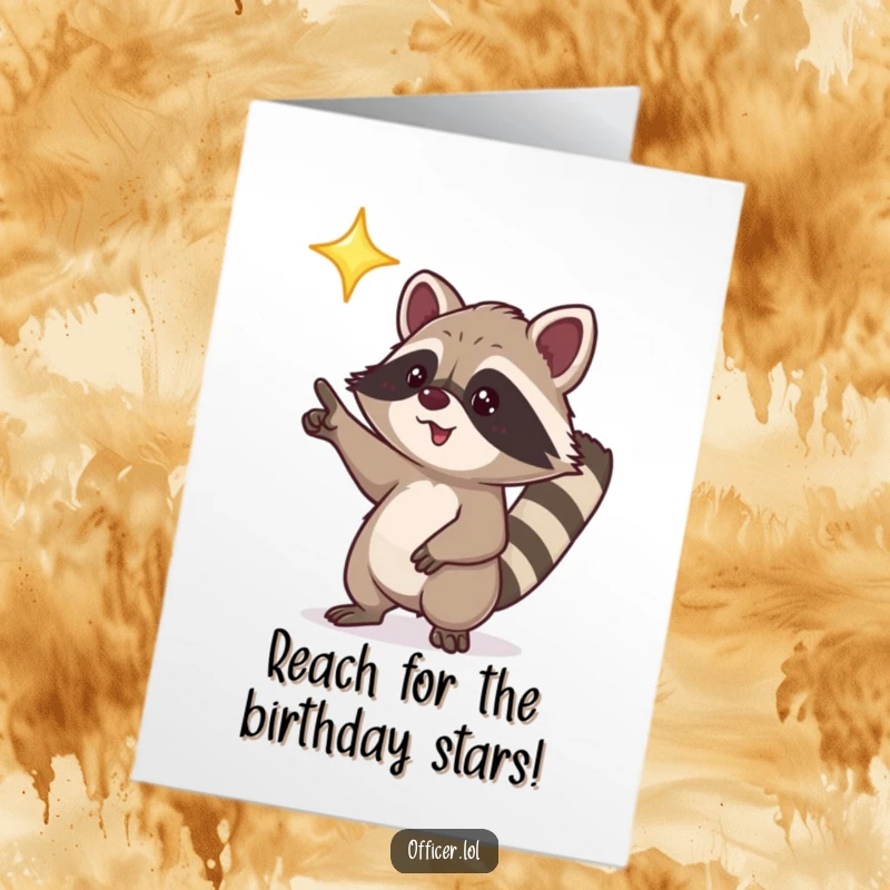 Funny Free Printable Birthday Card featuring a playful raccoon excitedly pointing towards a dazzling, shining star in the night sky.