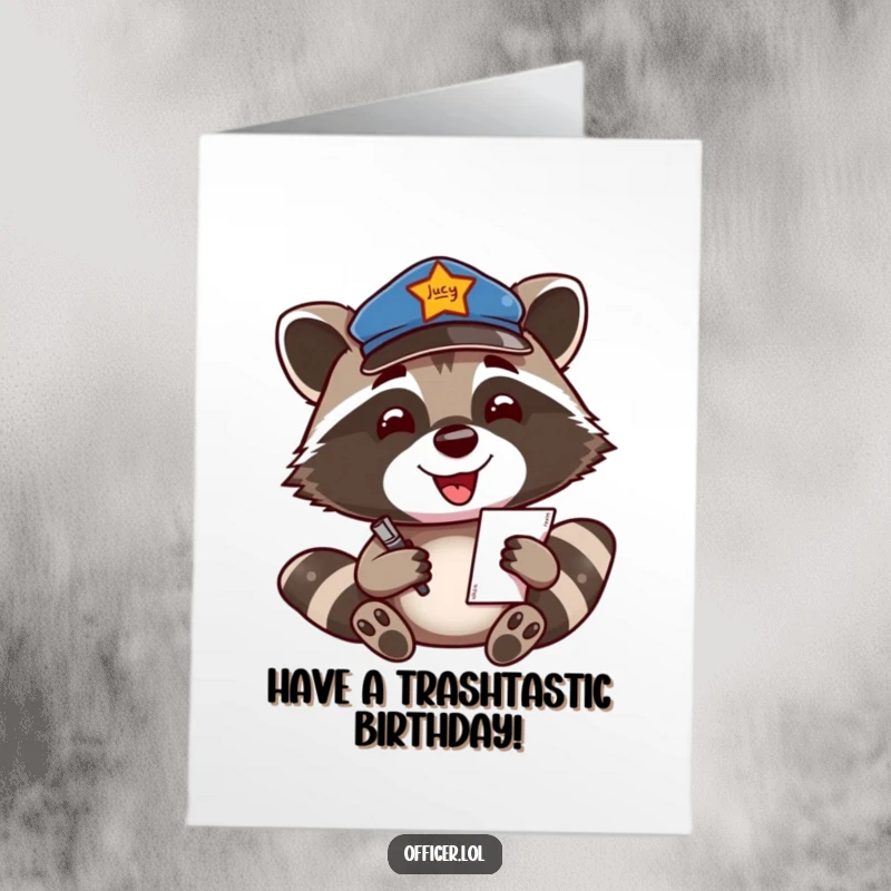 Funny Free Printable Birthday Card showing a smiling raccoon officer writing a ticket with enthusiasm, celebrating a birthday with humor.