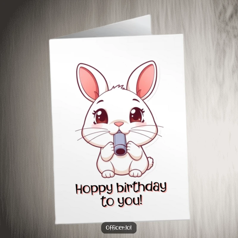 Funny Free Printable Rabbit Birthday Card, happy rabbit blowing whistle, joyful eyes, birthday celebration, downloadable.