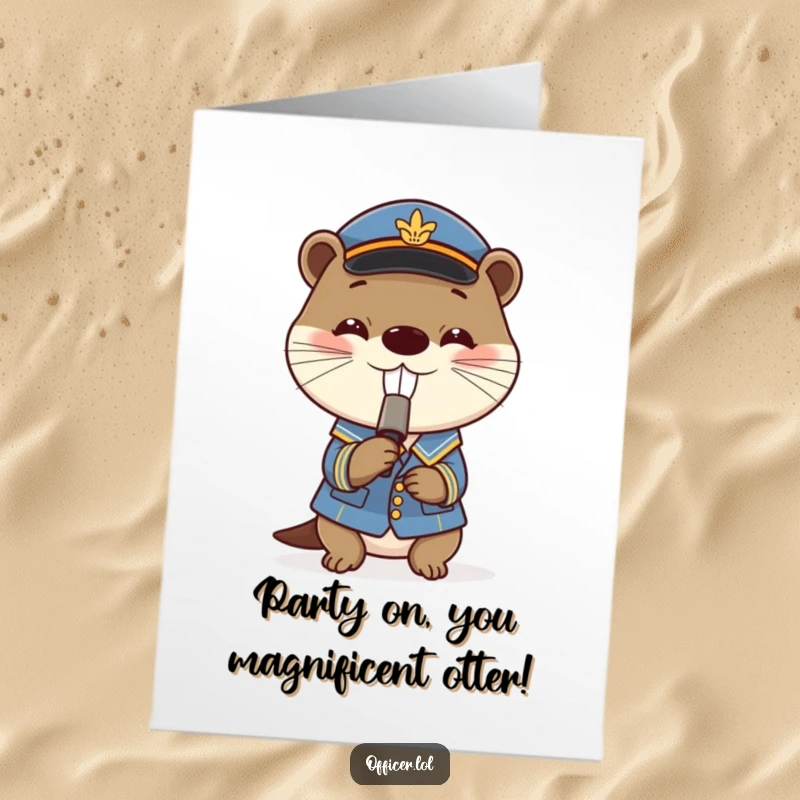 Funny Free Printable Birthday Card: Playful otter in a cute uniform grins while blowing a tiny whistle, signaling party time.