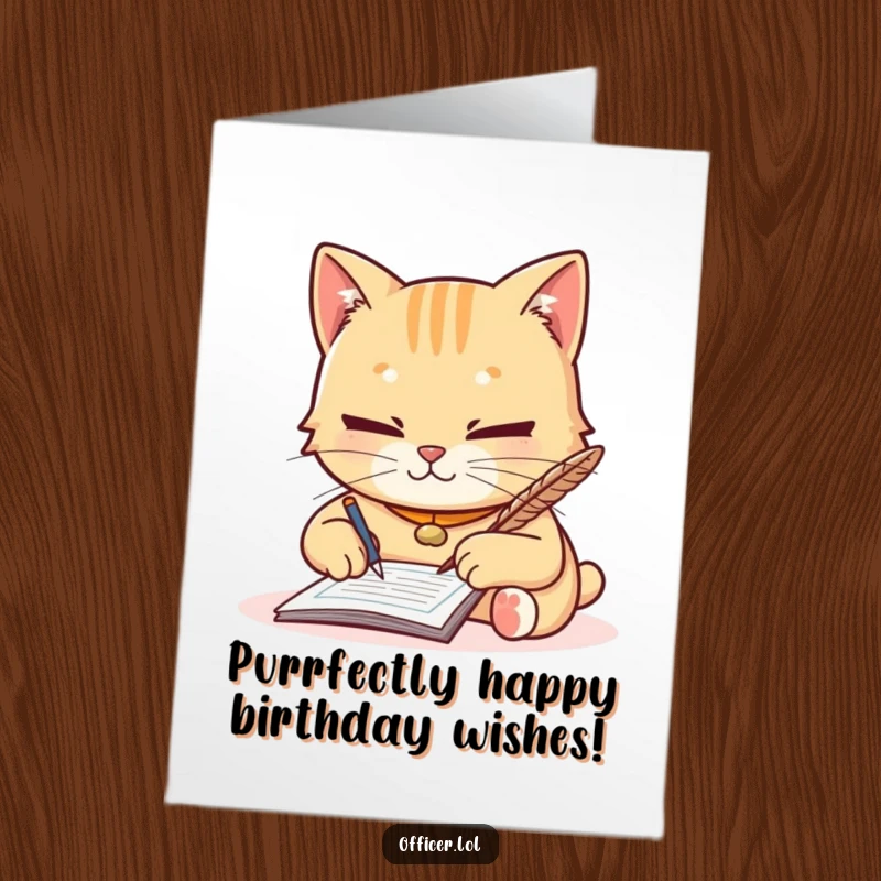 Funny Free Printable Birthday Card: Diligent cat writing a ticket with a quill, friendly demeanor, perfect for a humorous birthday wish.