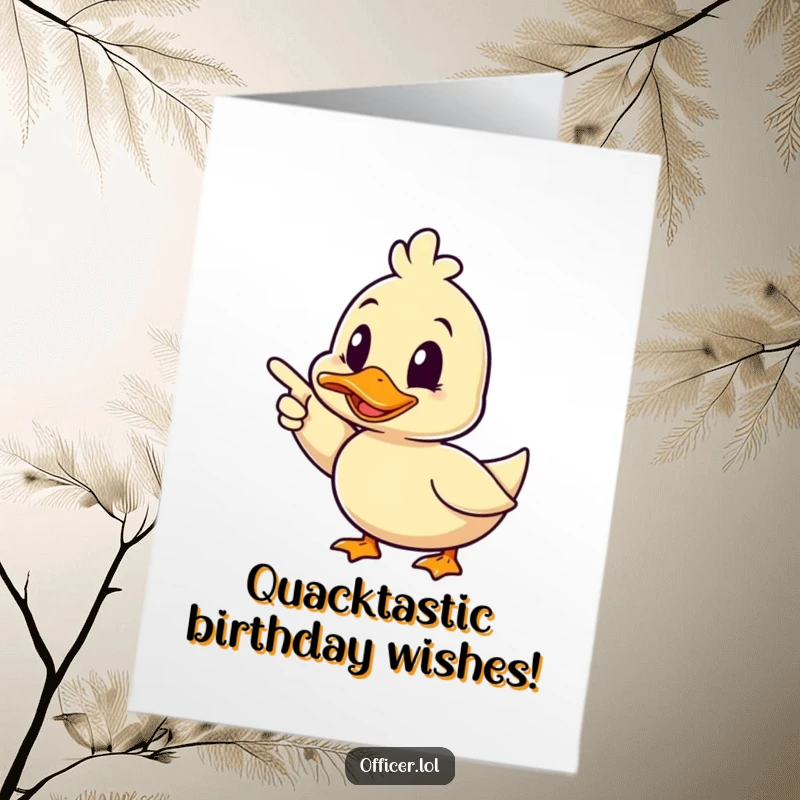 Funny Free Printable Duck Birthday Card: Happy duck winks while pointing ahead decisively.