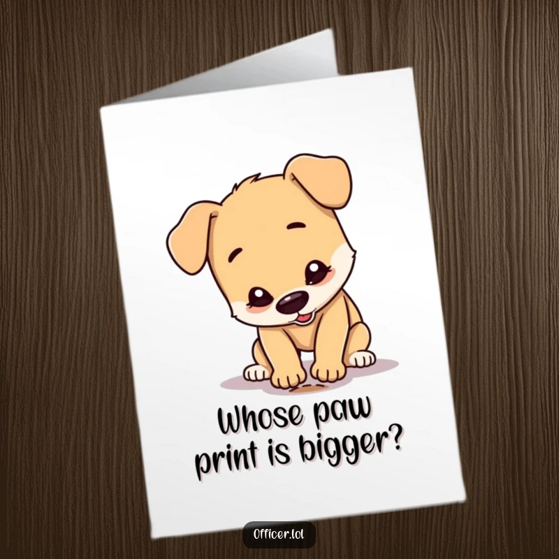 Funny Free Printable Birthday Card: A dog intently inspects a tiny footprint, conveying hilarious concentration for a dog owner's special day.