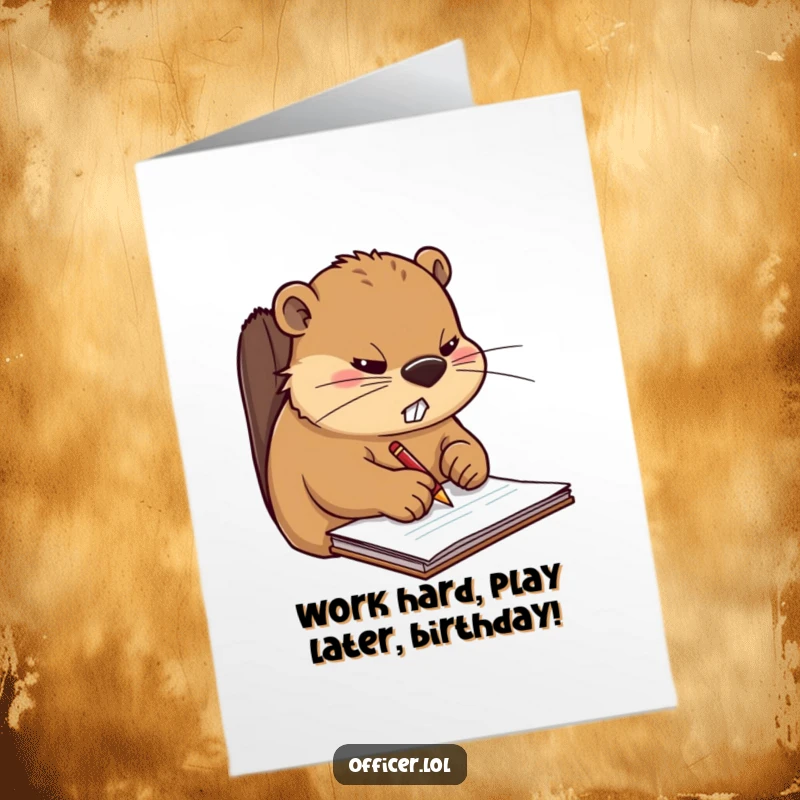 Funny Free Printable Birthday Card: Stern Beaver furiously writing on notepad, a workaholic's dream gift.
