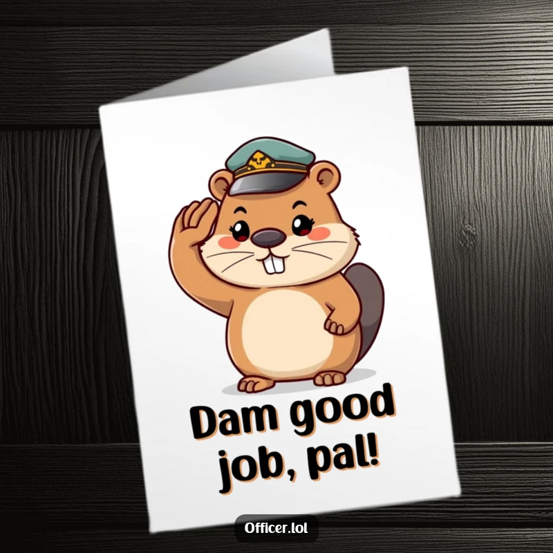 Funny Free Printable Beaver Congratulations Card: A determined beaver in a tiny cap saluting smartly.