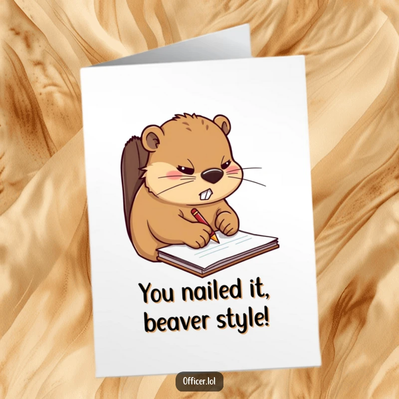 Funny Free Printable Congratulations Card: Busy Beaver sternly writing, celebrating achievements with a work-related joke.