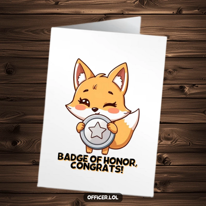 Funny Free Printable Congratulations Card: A giggling fox proudly displays a shiny badge after a successful feat.