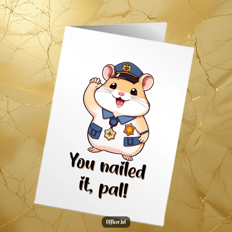 Funny Free Printable Congratulations Card featuring a happy hamster officer in uniform, giving a salute.