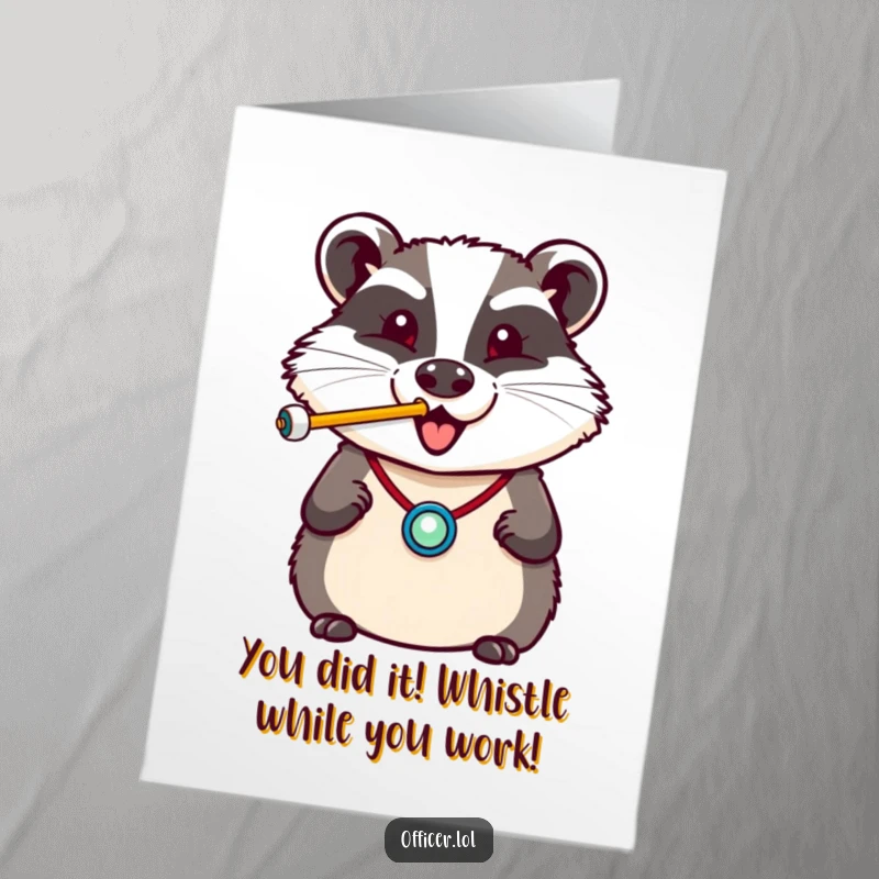 Funny Free Printable Congratulations Card: A cheerful badger wearing a tiny badge happily blows a whistle with a celebratory puff.