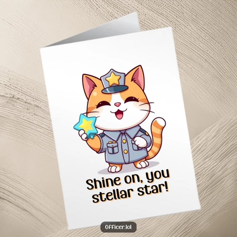 Funny Free Printable Congratulations Card: A happy cat in uniform displays a shiny, glowing badge, signifying a job well done.