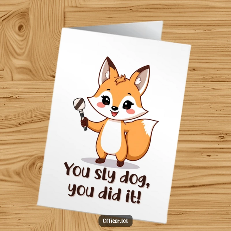 Funny Free Printable Fox Congratulations Card, playful fox directing traffic, striped baton, confident, celebrating success, downloadable.
