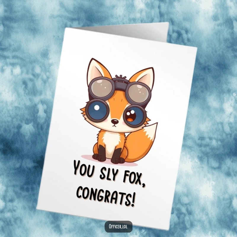 Funny Free Printable Congratulations Card with a curious fox using oversized binoculars to spot success.