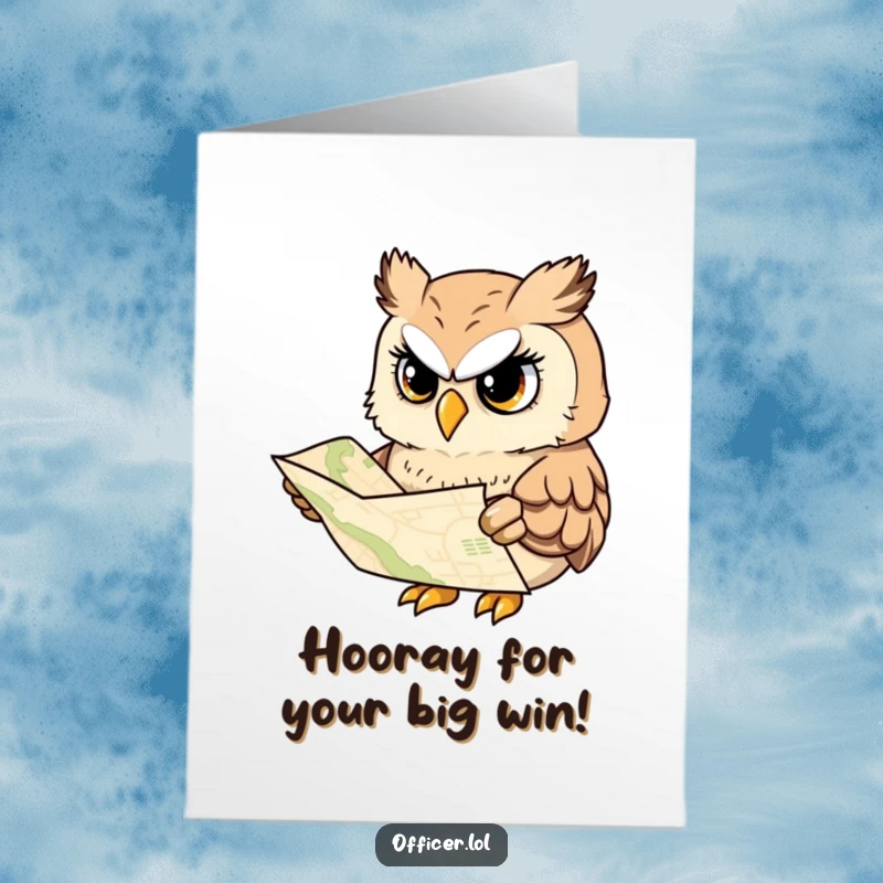 Funny Free Printable Congratulations Card: An owl cheerfully studies a map, celebrating your successful journey.