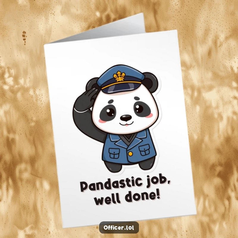 Funny Free Printable Panda Congratulations Card: A playful panda in uniform proudly salutes, celebrating a success.