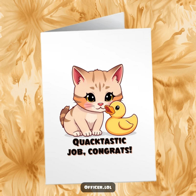 Funny Free Printable Congratulations Card: Focused cat interrogates a rubber duck, solving the case of their success.