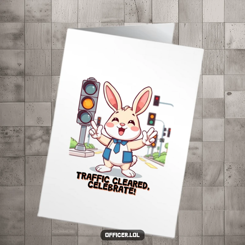 Funny Free Printable Congratulations Card: A happy bunny directs success, waving energetically with traffic lights in the background.