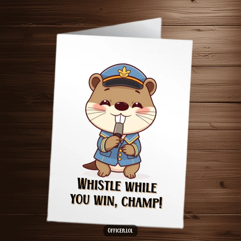 Funny Free Printable Congratulations Card: An otter in uniform excitedly blows a small whistle with a big smile, cheering success.
