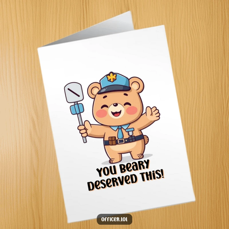 Free Printable Bear Officer Congratulations Card: A smiling bear officer directs success traffic with cheerful paws, celebrating your achievement.
