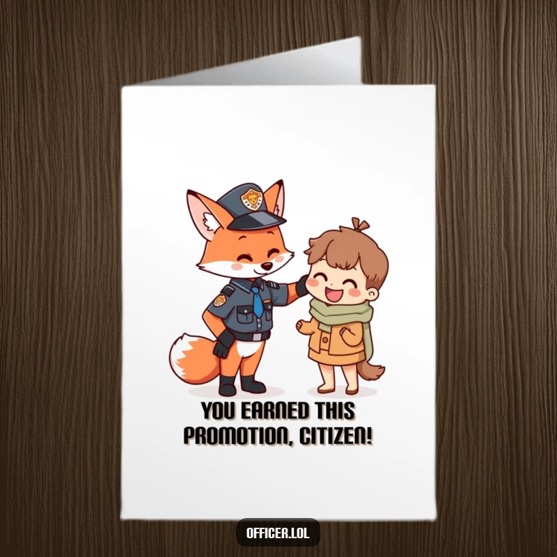 Funny Free Printable Congratulations Card: Fox officer congratulating a tiny citizen with a supportive pat.