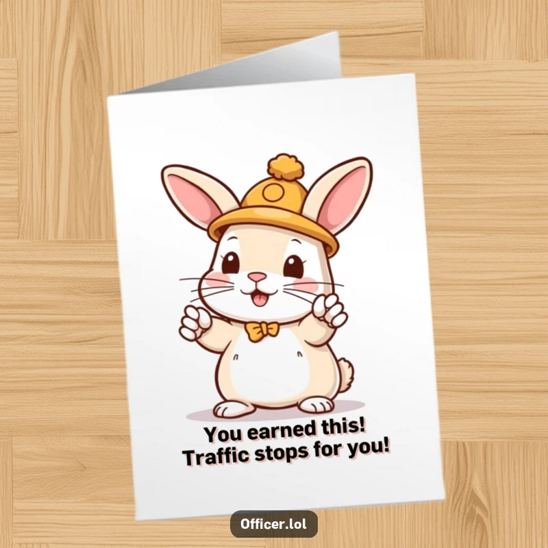 Funny Free Printable Congratulations Card: A playful rabbit wearing a hat directs traffic with enthusiastic paws, celebrating success.