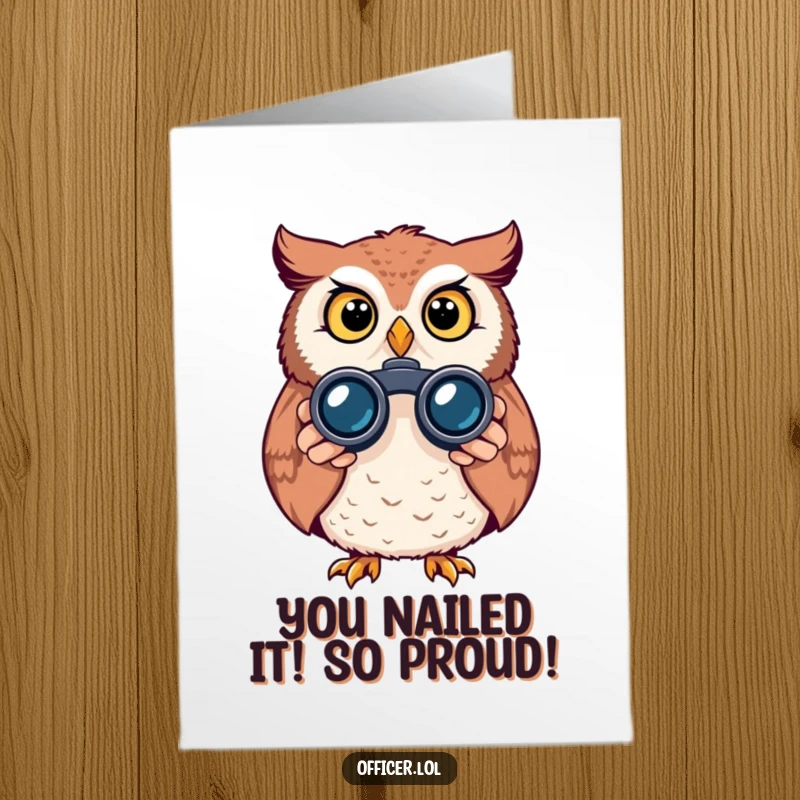 Funny Free Printable Owl Congratulations Card, curious owl with binoculars, celebrating, sharp vision, downloadable greeting.
