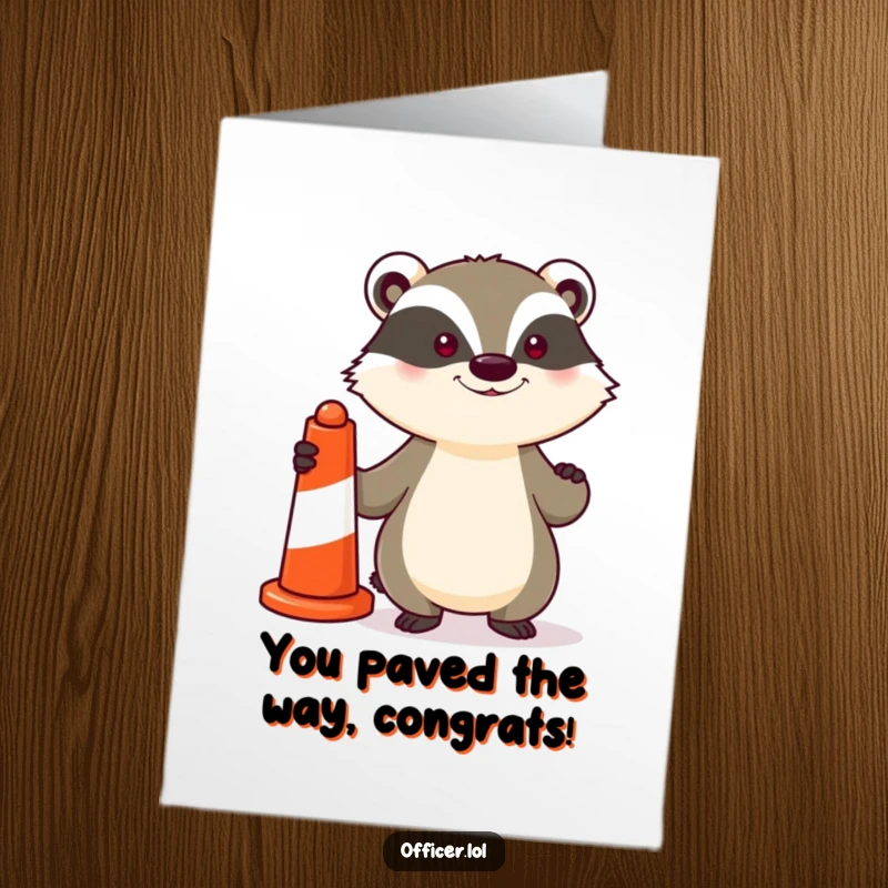 Funny Free Printable Congratulations Card featuring a determined badger holding a traffic cone, celebrating success with pride.